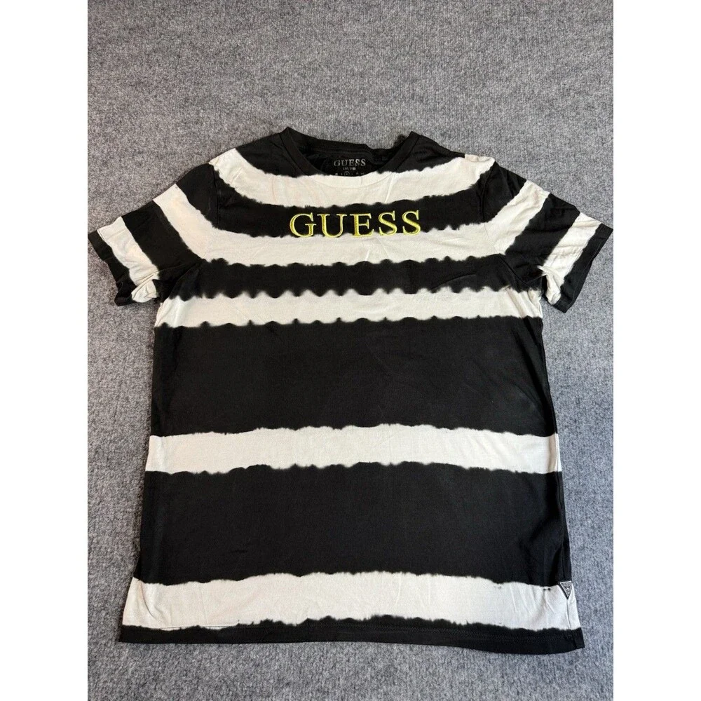 Guess Black & White Striped Embroidered T‑Shirt – Size M – Tie‑Dye Style - Picture 2 of 7